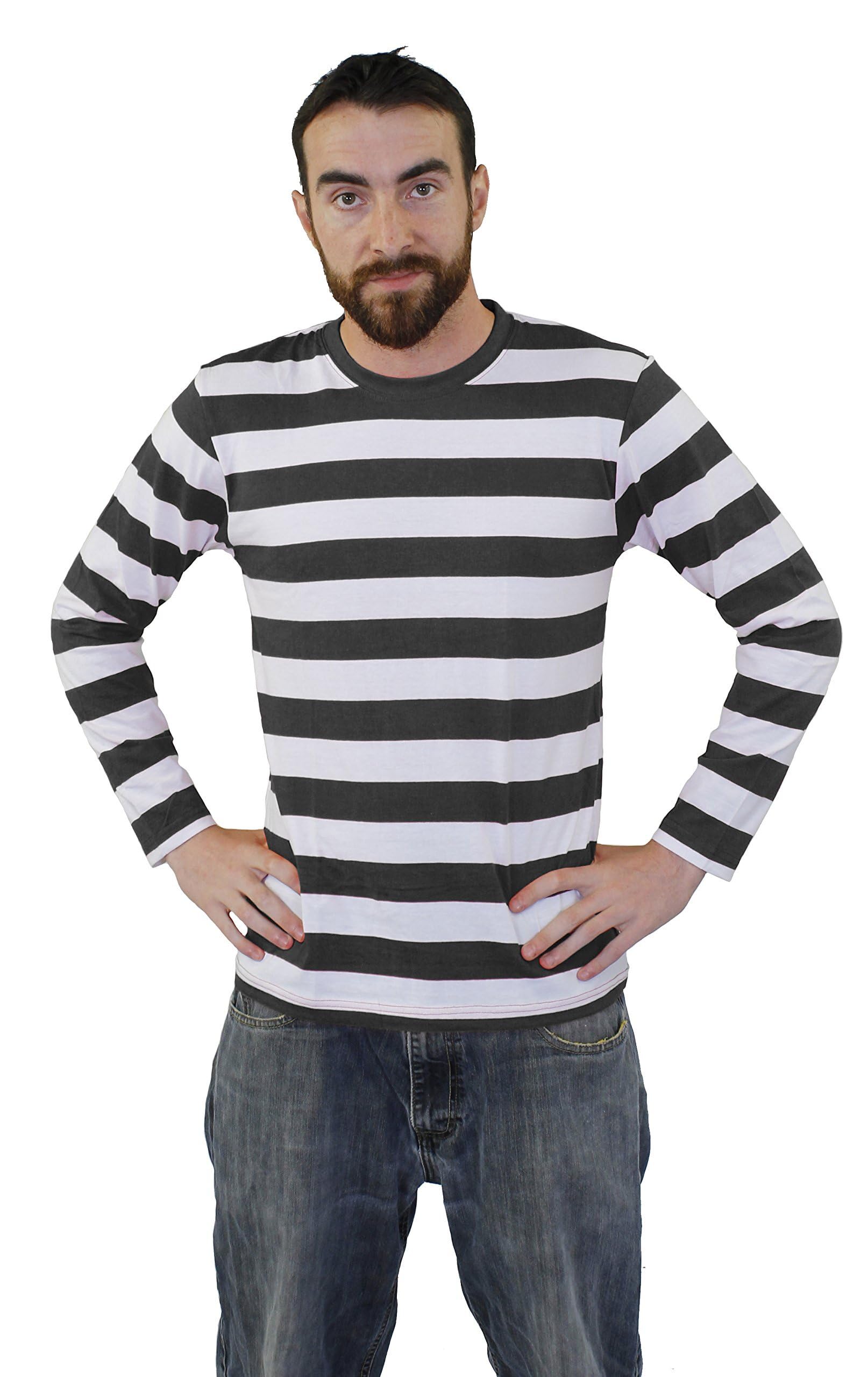 Adult Black and White Striped Long Sleeve T-shirt Tshirt - Perfect for French Mime or Robber Fancy Dress Costumes - Size: Medium