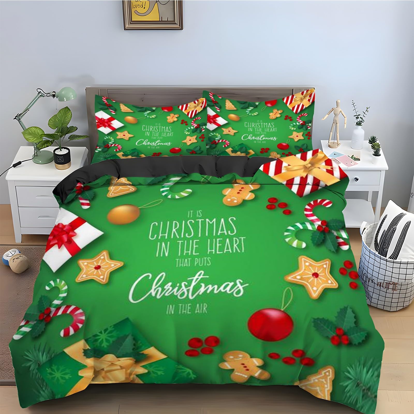 Housse de couette Noël 90x190 parure de lit 3 pièces en microfibre