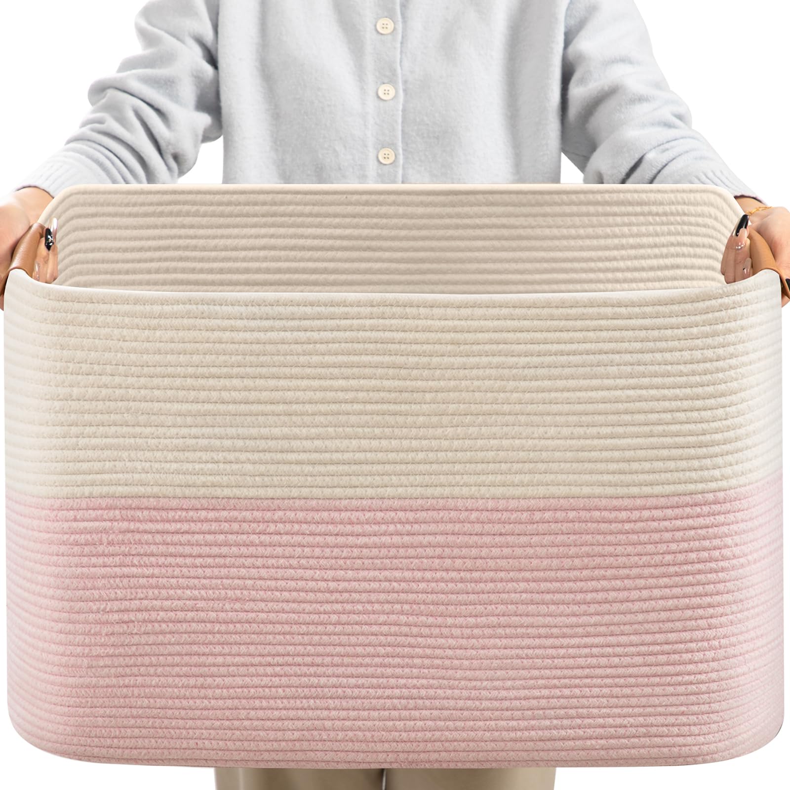danpinera Large Woven Basket 25’’*16’’*16’’ Rectangle Woven Baskets for Storage, Storage for Living Room, Soft Cotton Rope Basket With Handle, Large