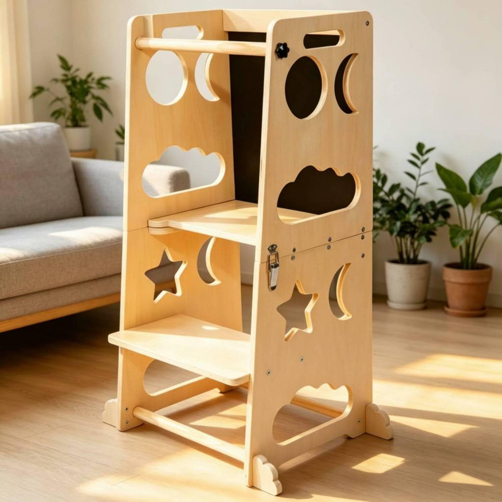 harayaa Taburete Infantil Plegable Taburete Escalón de Aprendizaje Torre de Aprendizaje Asistente de Cocina Diseño Plegable para Ahorrar Espacio y Bordes, Madera Natural