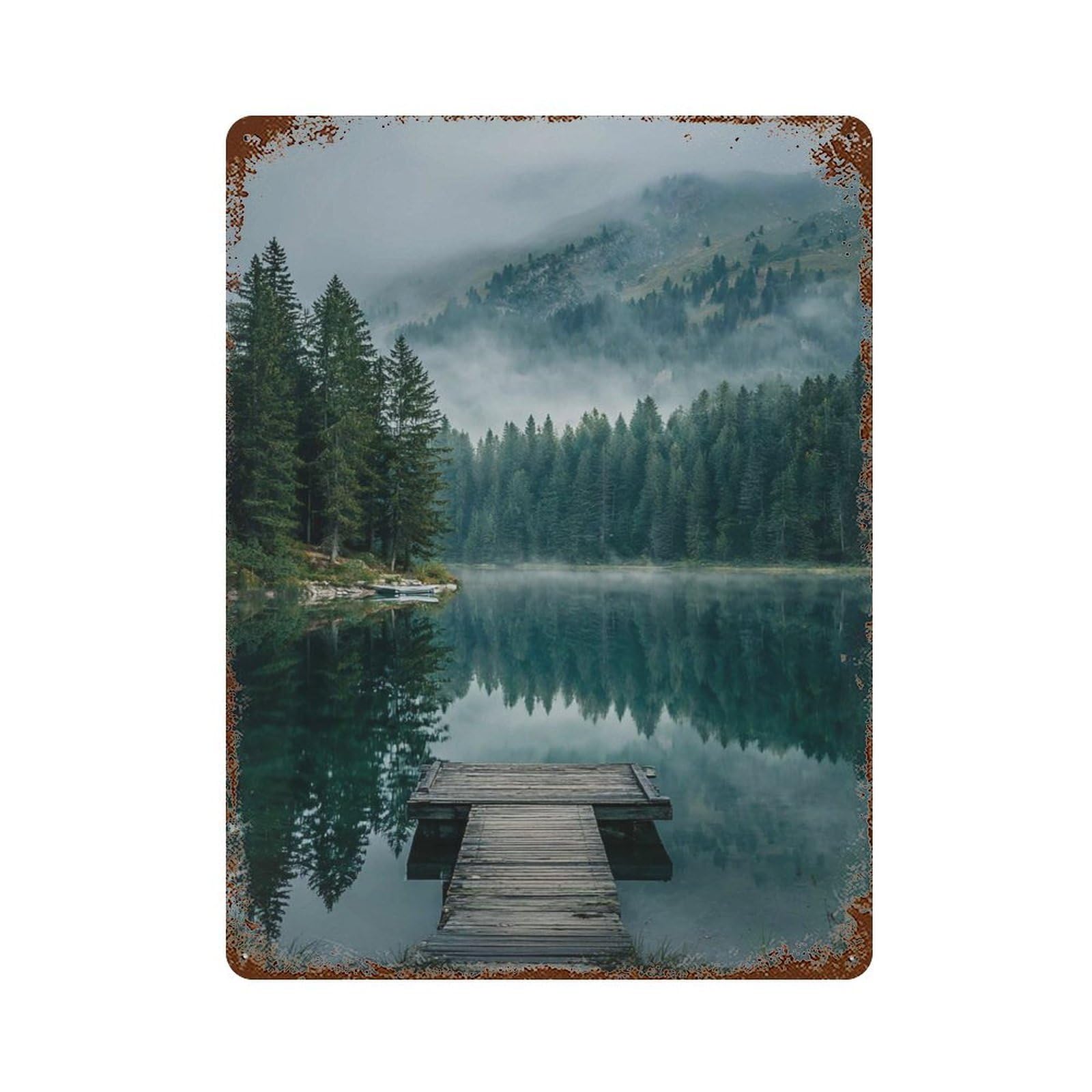 xiaoxiaoshen Misty Lake Nature Landscape Tranquil Forest And Mountain Scenic Outdoor Photogra Wall Decor Art Metal Tin Poster Modern Home Decor Art Home Bar Shop Decorations Vintage Sign 40x30cm