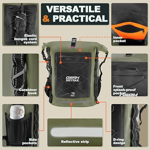 Miniatura 3 de Mochila impermeable Bolsa seca  Mochila de senderismo enrollable para viajes, kayak, canotaje, camping y pesca, Verde, Ocio