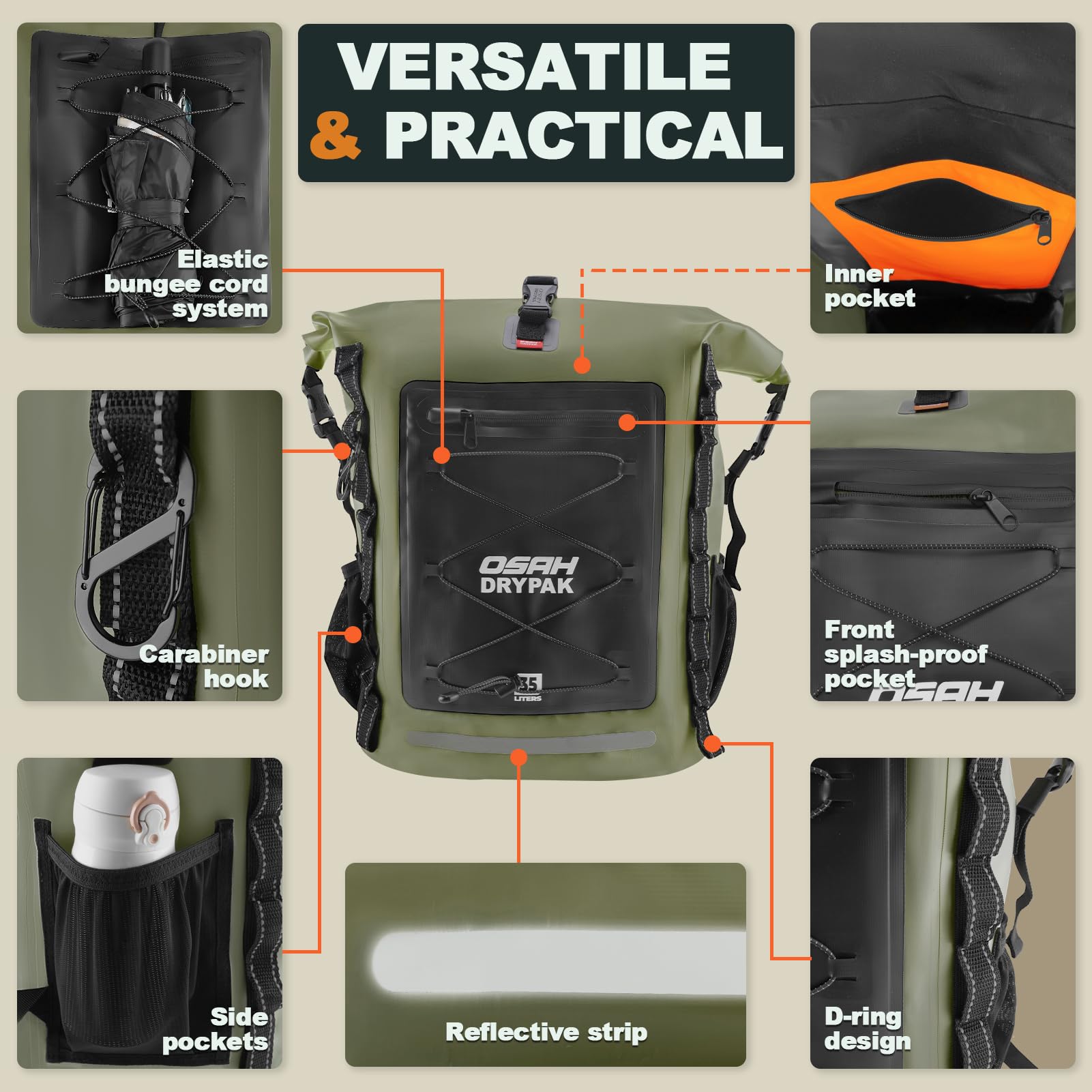 OSAH DRYPAK Sac à Dos Étanche Dry Bag 25L/35L/55L/85L – Sac Imperméable Roll-Top Résistant pour Randonnée, Garde l’Équipement au Sec pour Voyage, Kayak, Bateau, Camping, Rafting et Pêche