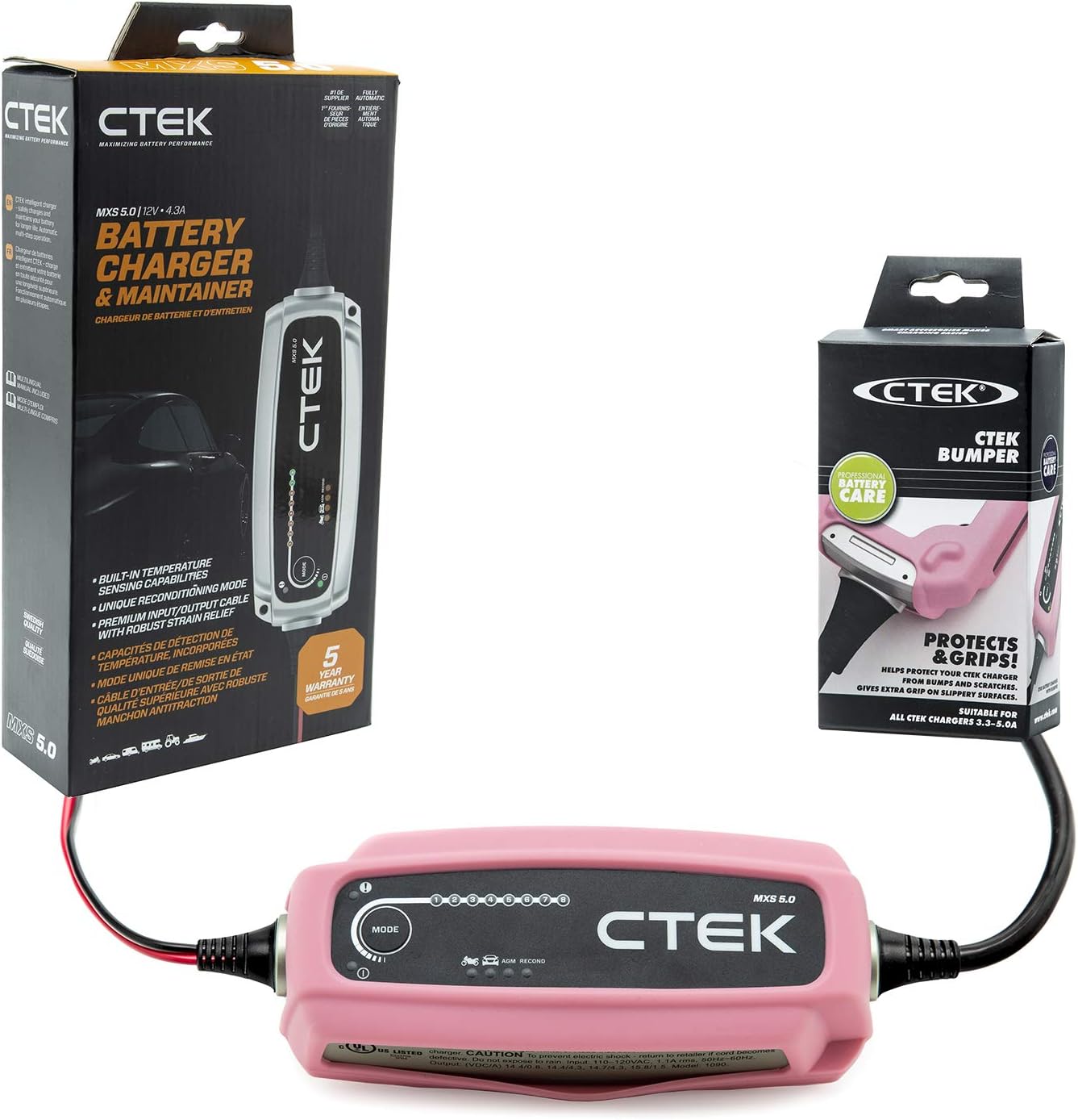 CTEK (40-206) MXS 5.0-12 Volt Battery Charger and Maintainer with (56-941) Pink Bumper Accessory