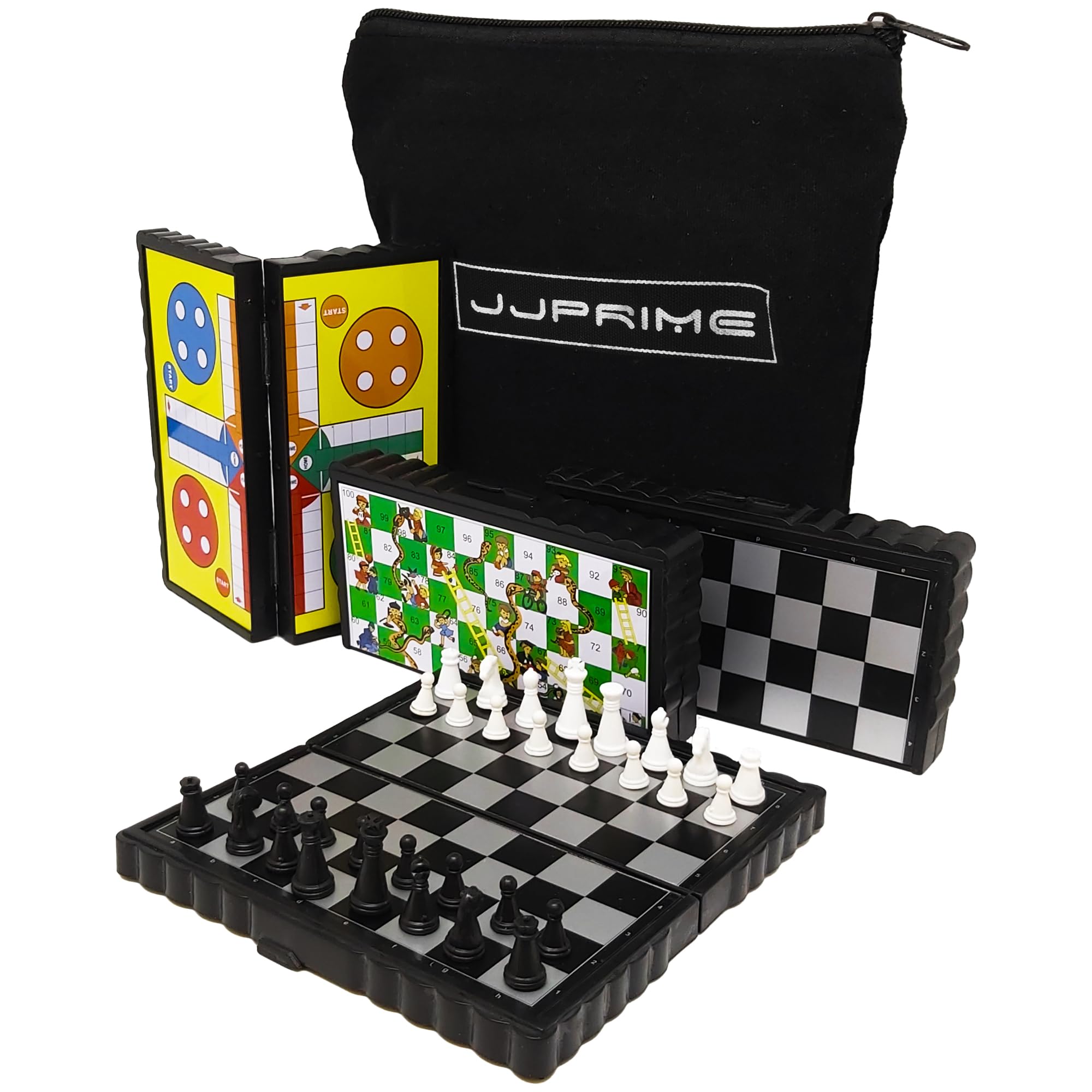 JJPRIME - 4 Juegos de Mesa de Viajes clásicos, Divertidos y Divertidos - Damas y escaleras Ajedrez Ludo Mini Juego de Dados magnéticos Juego de Cajas Plegables