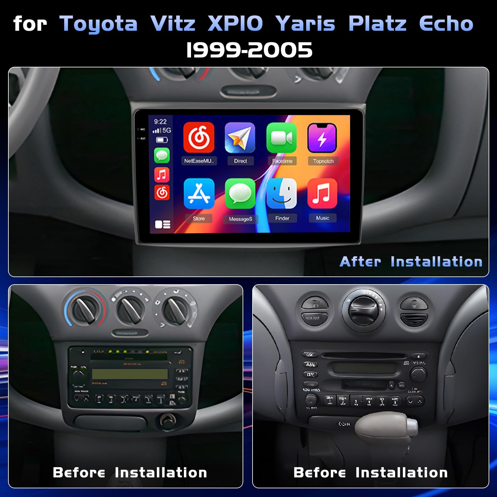 4+64G Autoradio Android pour Toyota Yaris Vitz XP10 Square Echo 1999-2005 | Incell Écran Tactile Carplay Autoradio 2 DIN GPS Navi Bluetooth 5.0 WiFi FM/RDS Caméra de Recul EQ 4+64G