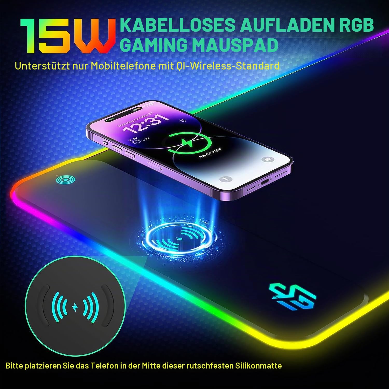 GIM 15W RGB Gaming Mauspad mit Qi-Kabelladung, 800x300mm XL