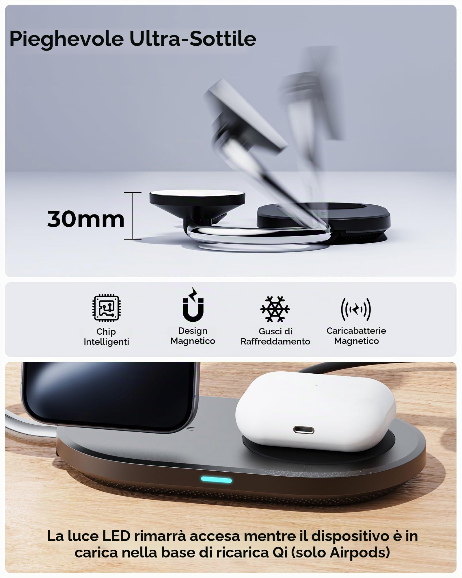 VOLTME 3 in 1 Stazione di ricarica wireless magnetica USB-C a ricarica rapida, stazione di ricarica multifunzione compatibile con induzione, caricabatterie rapido per iwatch ultra, airpods e iphone 16