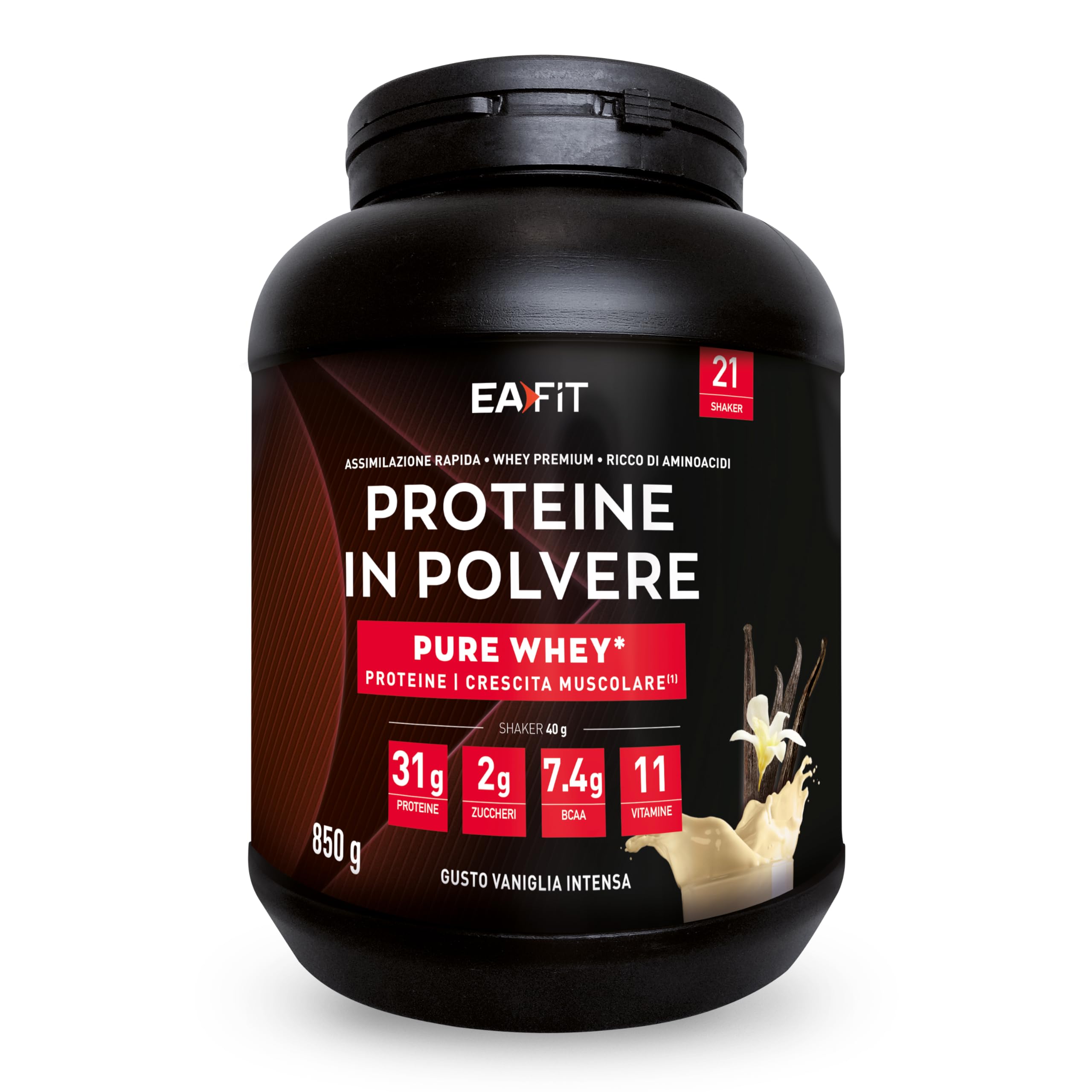 Proteine in Polvere Whey 850 g Gusto Vaniglia | 31 g per Shaker Proteine | Whey Protein Concentrate e Isolate | BCAA + L-Glutammina + Taurina | Integratore per Massa Muscolare | Con 11 Vitamine