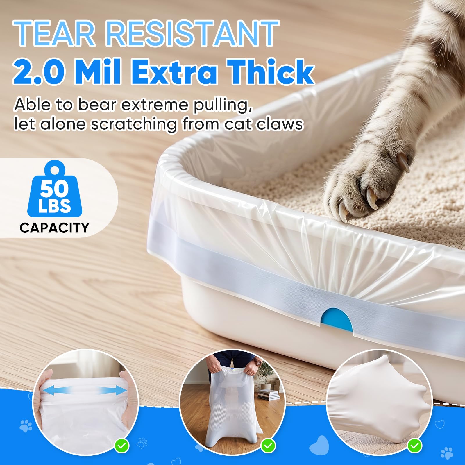 Jumbo-Katzentoiletteneinlagen, 91,4 x 45,7 cm, 2 mm, vorgetrennte Katzentoilettenbeutel mit robustem Kordelzug, extra dick, auslaufsicher, für Katzentoiletten, 66 Stück
