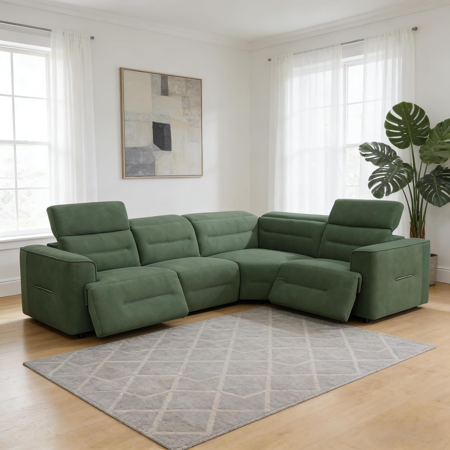 Power Recliner Sofa Set, 4 Seat Fabric Reclining Corner Couch, Living Room Furniture Set with 2 Recliner Seats/Comfort Armrests/Comfort Backrest for Living Room/Home Theater(Green)