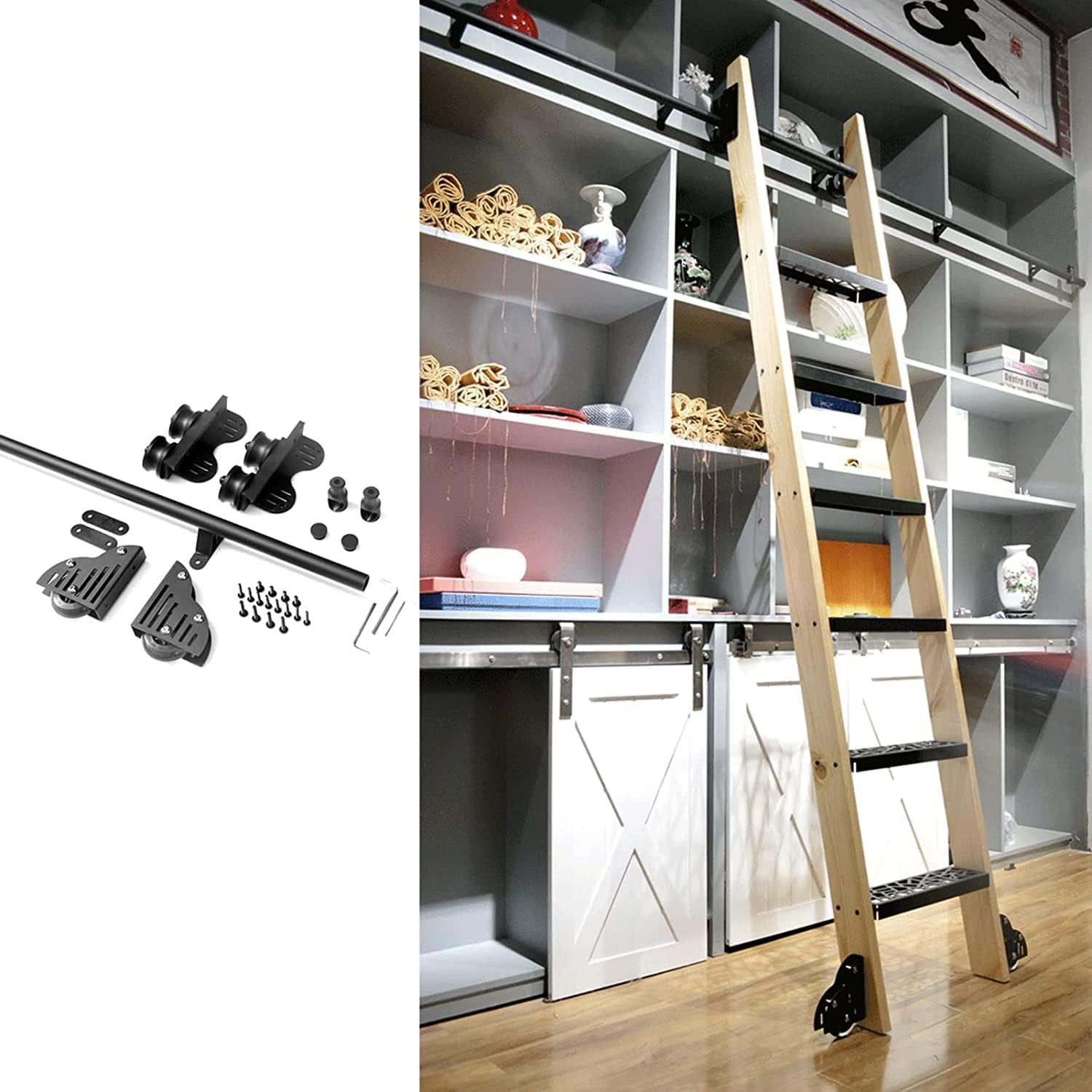 Kit d'échelle roulante pour bibliothèque coulissante Ensemble Complet