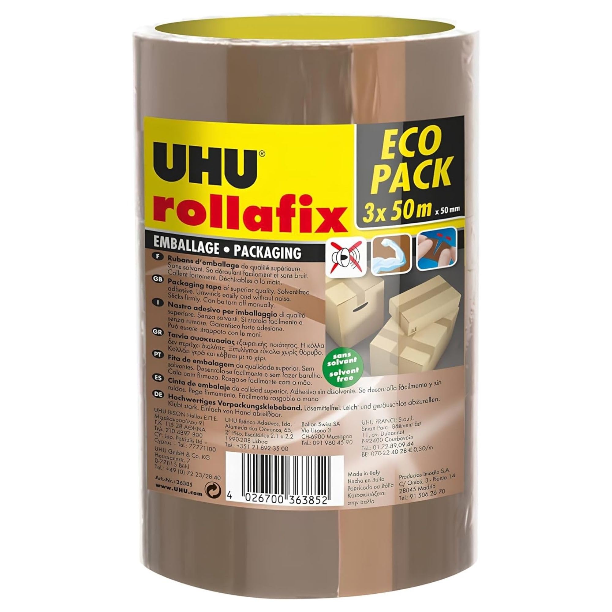 UHU Rollafix - Rubans adhésif d'emballage brun, lot 3 rubans 50m x 50mm