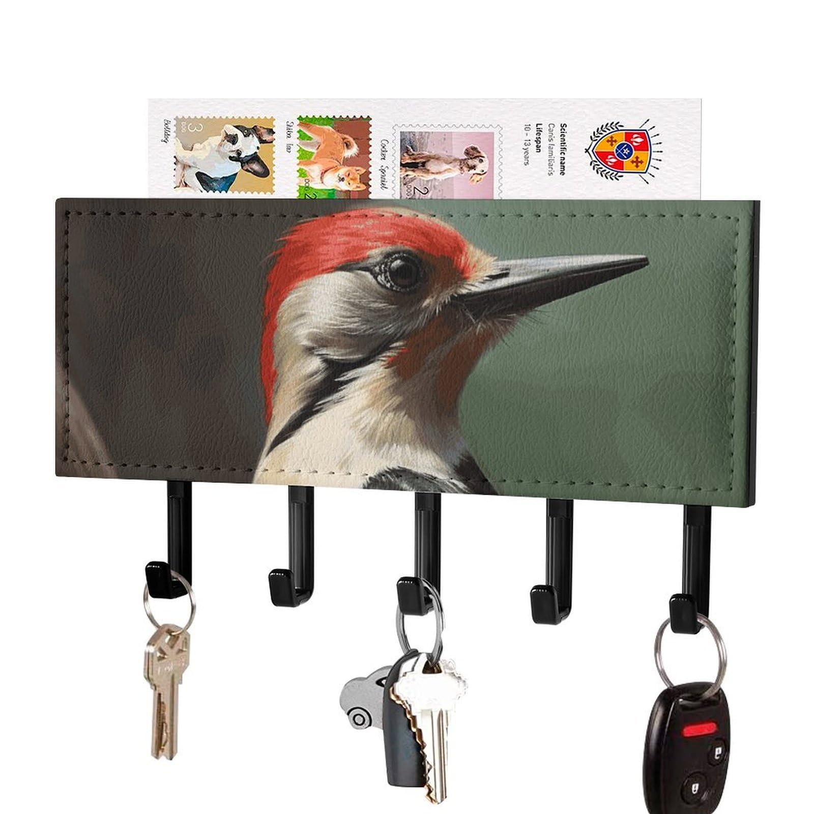 DWVTSLH Woodpecker Key Holder for Wall, Decorative Key Hooks with Mail Organizer & 5 Hooks, Self Adhesive Leather Key Hanger for Entryway, Wall Mounted Key Rack (7.1” X 4.3” X 0.9”)