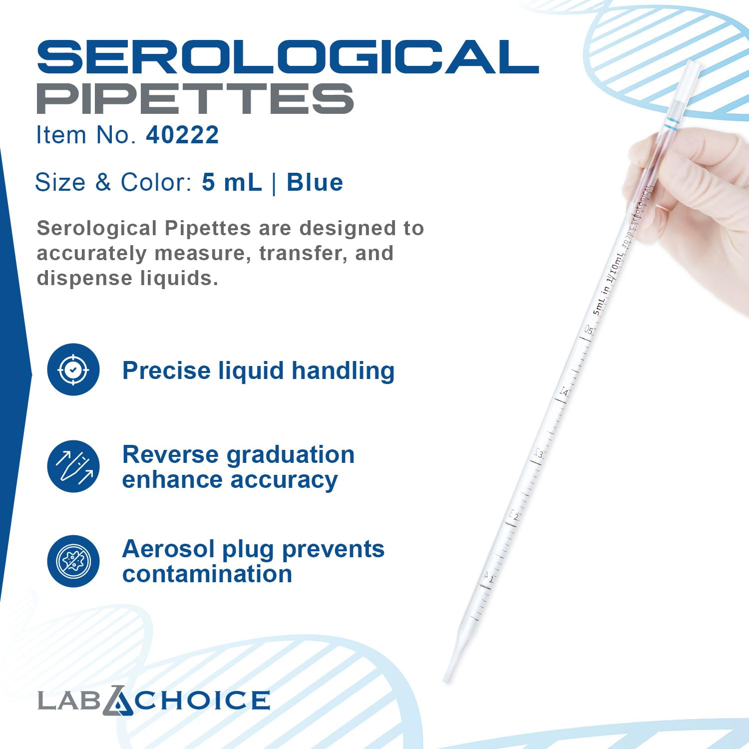 LabChoice Serological Pipettes - 200 Count - Plastic Disposable Sterile Pipettes, Individually Packed Graduated Transfer Pipette for Laboratory Use - 5mL, Blue