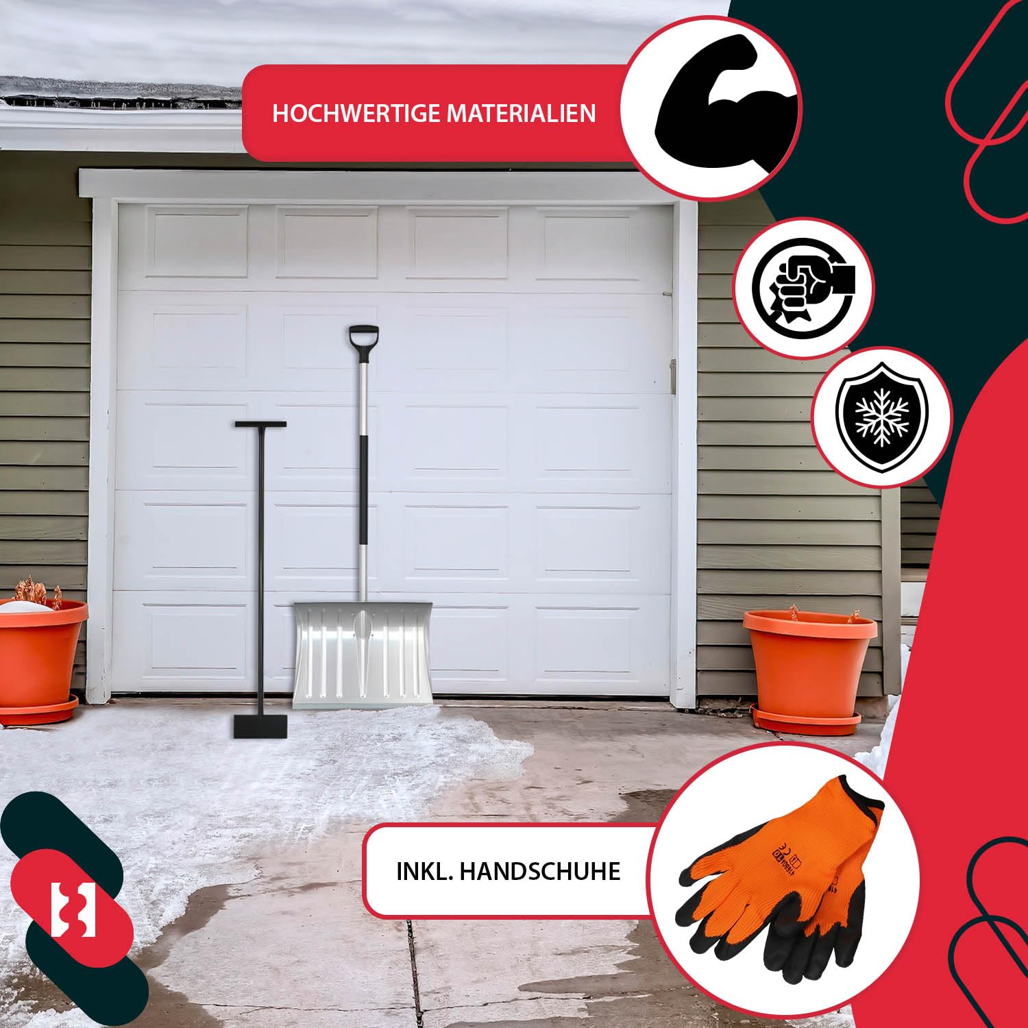 KOTARBAU® Set Schneeschaufel mit Aluminiumstiel 138 cm Eisschaber 119 x 20 cm + Handschuhe warm Schneeschieber Aluminium Schneeschaufel Auto Stoßscharre mit Stiel Schaufel mit Stiel