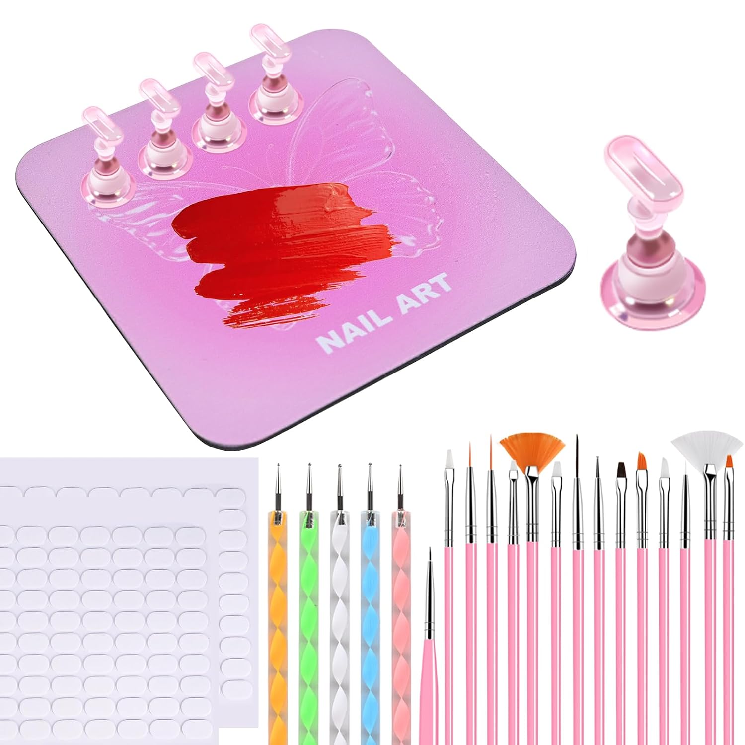 Nail Stand Brush Set, Magnetic Stands with Metal Base Art Palette, Reusable Nail Tips Display Practice Acrylic Holder with 200pcs Sticky Tabs and Tools for Home DIY Salon Supplies-Pink