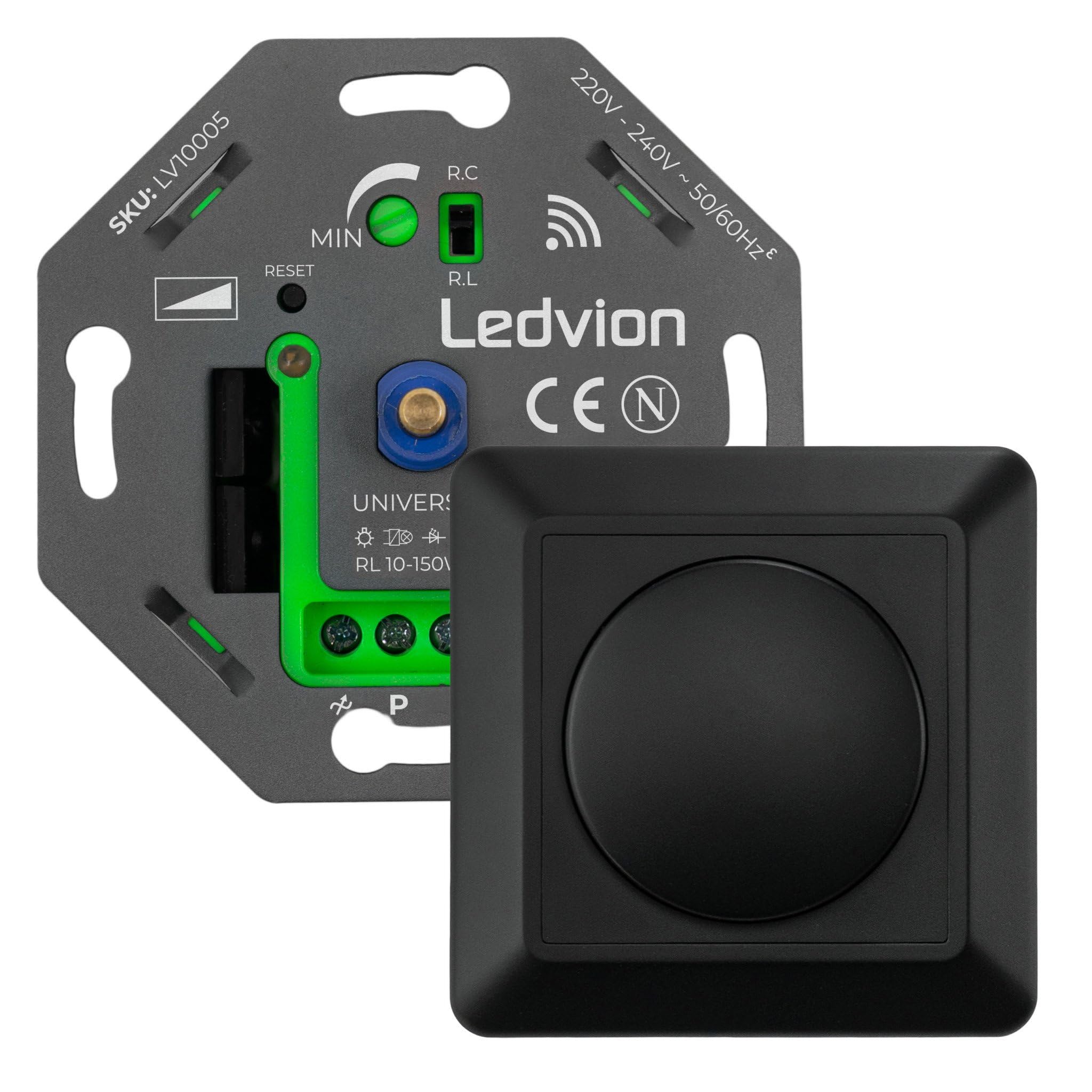 Ledvion - Interruttore Intelligente LED, LED 5-250W, Copertura Nera, Taglio di Fase, Dimmer Rotativo da Incasso, Variatore Rotativo LED