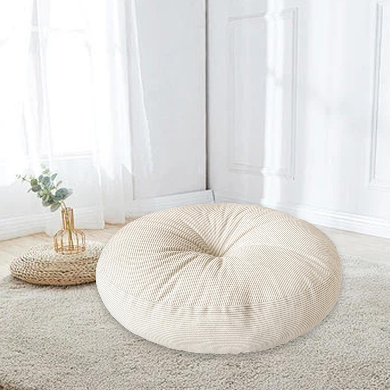 Cuscino Da Meditazione Rotondo in Velluto a Coste, Cuscino Da Terra Confortevole 40 Cm per Tatami, Seduta per Divano, Pavimento, Picnic O Seduta per Finestra a Bovindo, Beige.