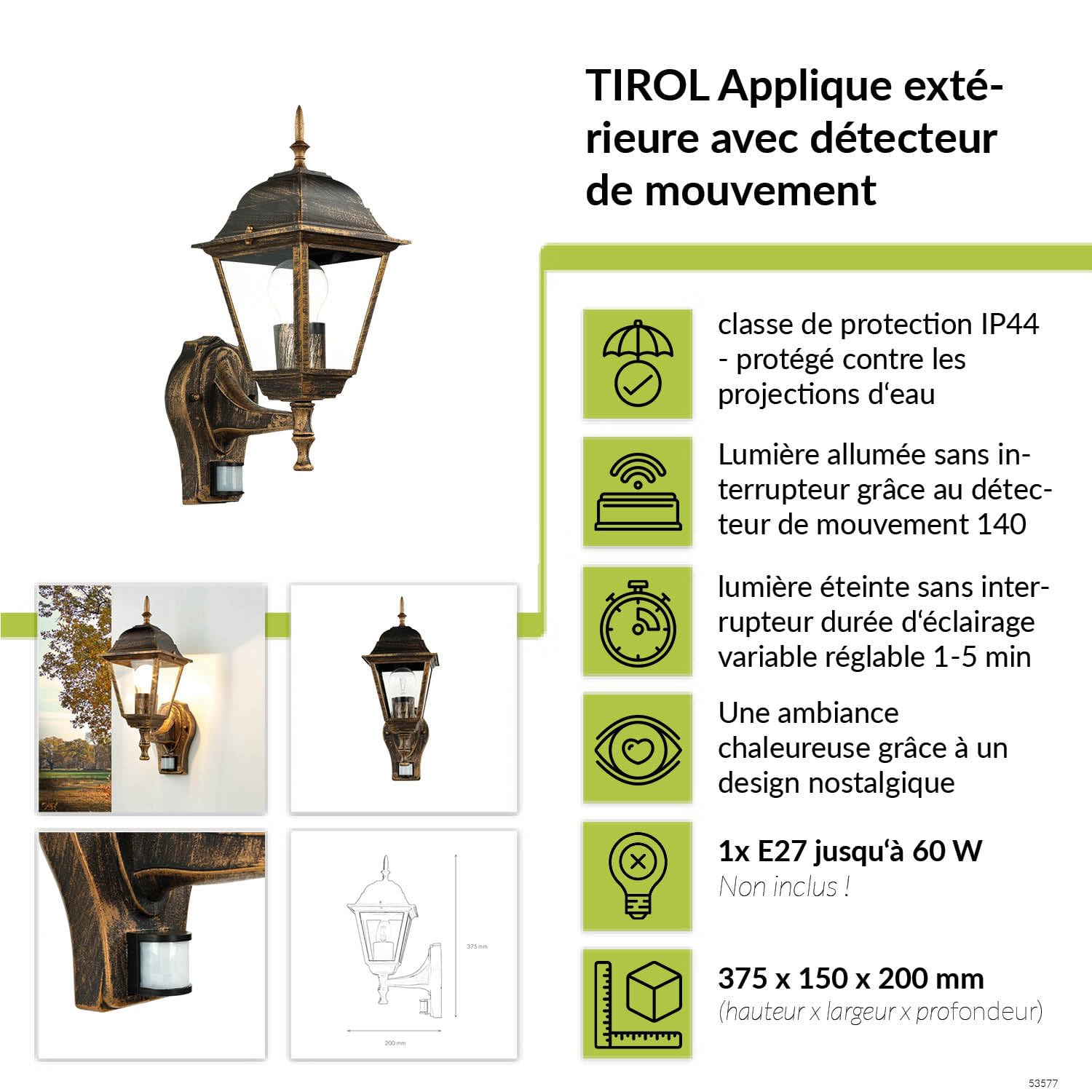 Licht-Erlebnisse Applique murale extérieure avec détecteur de mouvement verre aluminium en noir cuivre IP44 jardin B:15 cm E27 lanterne murale nostalgique TIROL