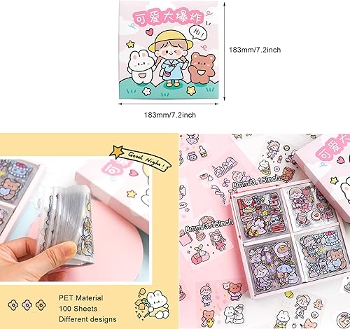 Miniatura 2 de Juego de calcomanías Kawaii (100 hojas)  Lindo PET transparente de dibujos animados de animales de dibujos animados de flores decorativas para