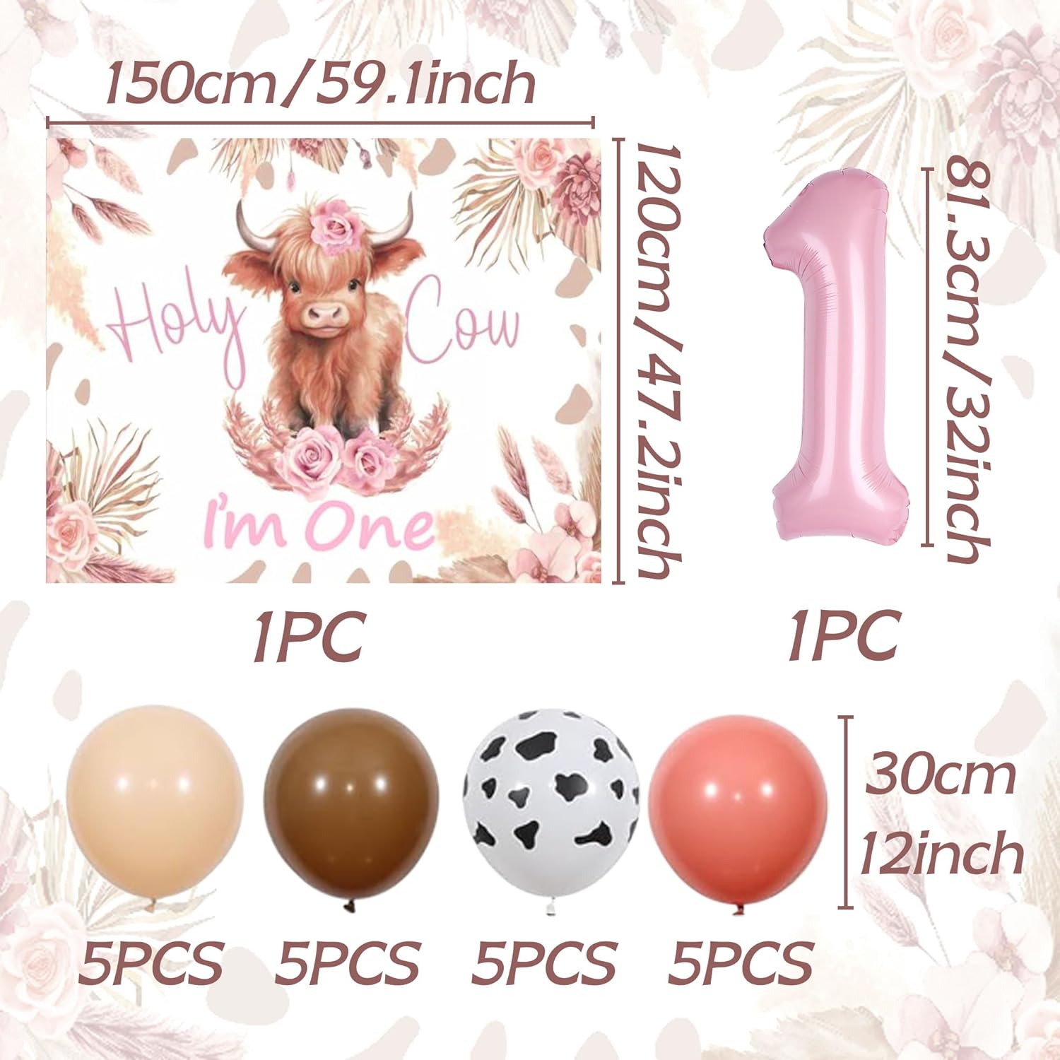 Pink Highland Cow 1st Birthday Party Decorations Holy Cow Im One Backdrop Balloons Cowgirl Western First Birthday Decorations Girl First Rodeo Party Supplies - Image 2