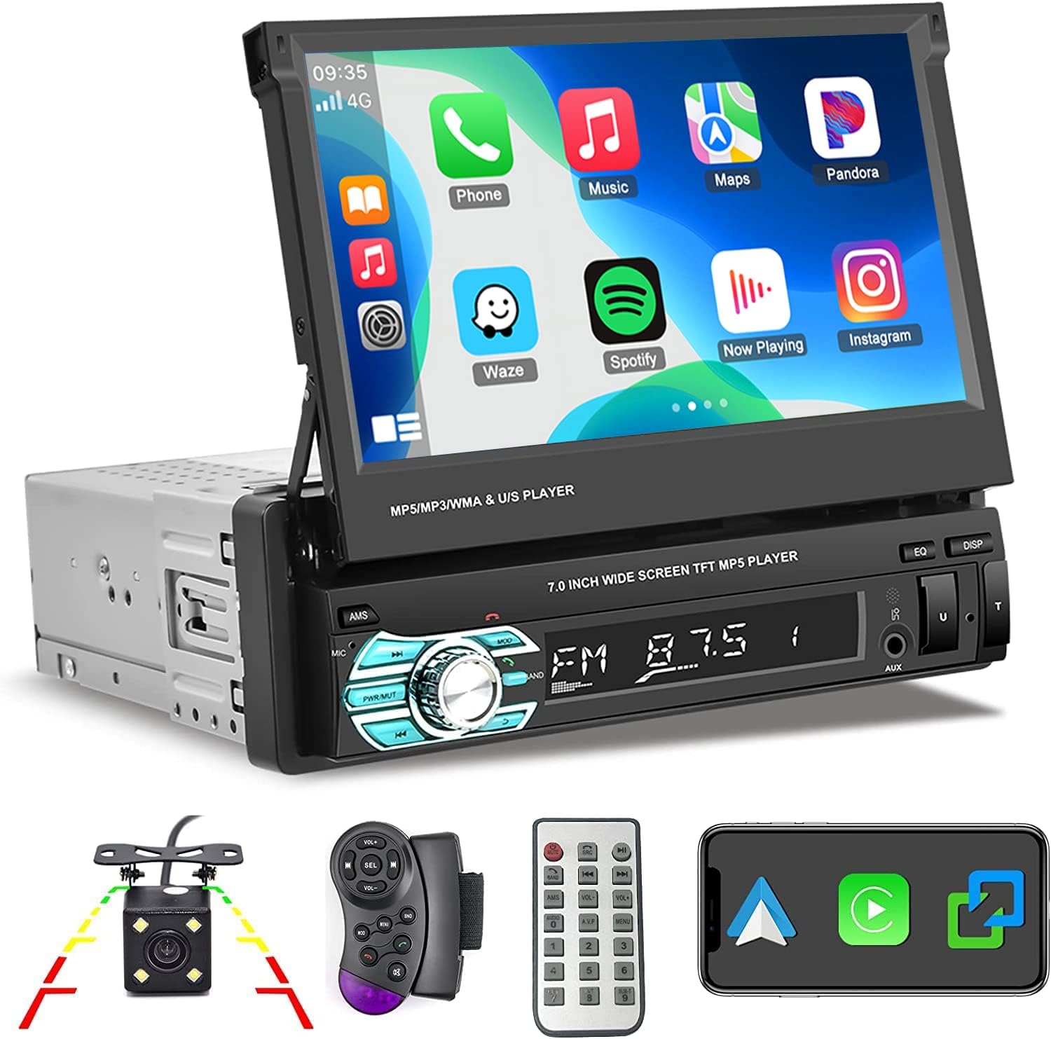 Hikity Single Din Car Stereo with Carplay Android Auto Mirror Link 7 Inch Flip Out Touchscreen Car Radio Bluetooth 1 Din with TF AUX USB Input Remote Control + Backup Camera