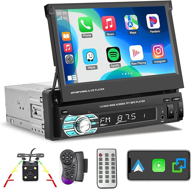 Hikity Car Stereo Bluetooth Single Din with CarPlay Android Auto 7 Inch Flip Out Touch Screen Car Radio FM Receiver, Mirror Link, TF AUX USB Input, Wireless Remote Control + Backup Camera