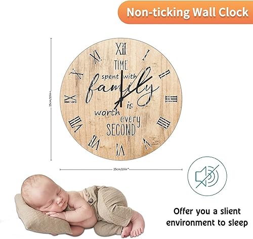 Miniatura 18 de UFunhome Reloj de pared de madera con cita familiar, el tiempo que pasa con la familia vale la pena cada segundo, reloj colgante redondo, funciona