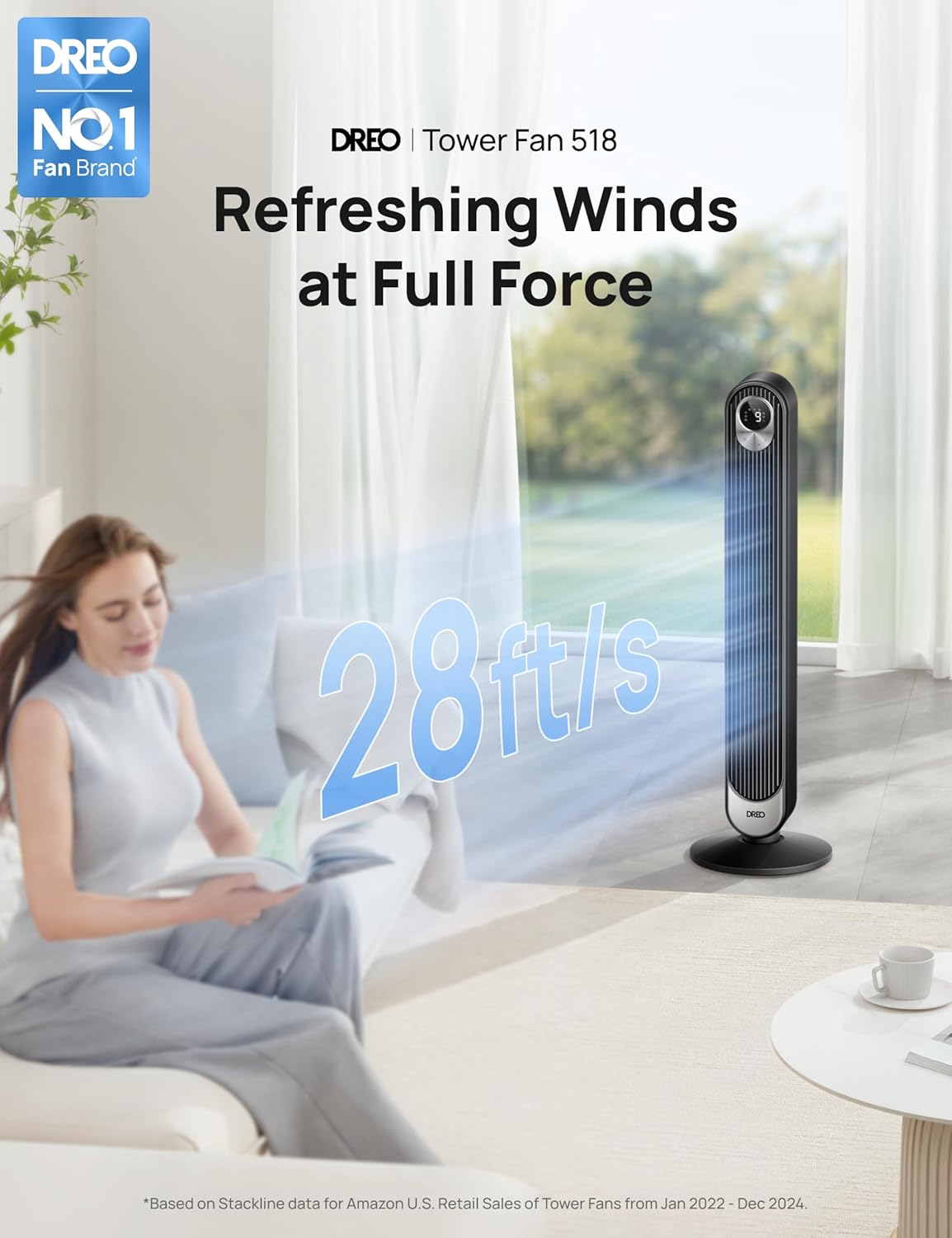 Dreo Tower Fan 42 Inch,Quiet Oscillating Bladeless Fan with Remote, 6 Speeds, 4 Modes, LED Display, 12H Timer, Black Floor Standing Fan Powerful for Indoor Home Bedroom Office Room - Image 2