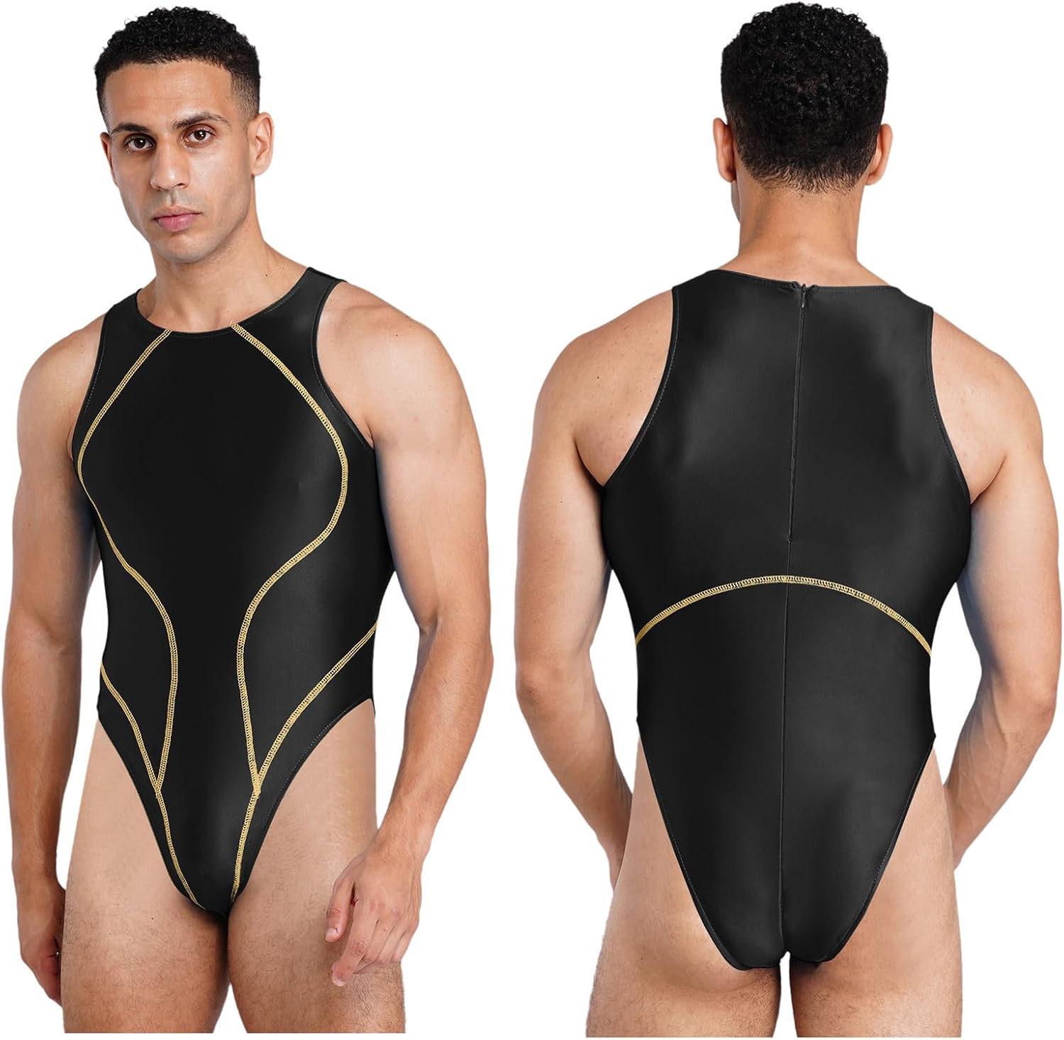 Men Elastic Tight Surf Suit Yoga Shaping Catsuit Swimwear | One Piece Swimwear,Glossy Bodysuit,Sport Swimming Suit,Contrast Curve Piping Design,Competitive Wrestling Singlet,Nightwear
