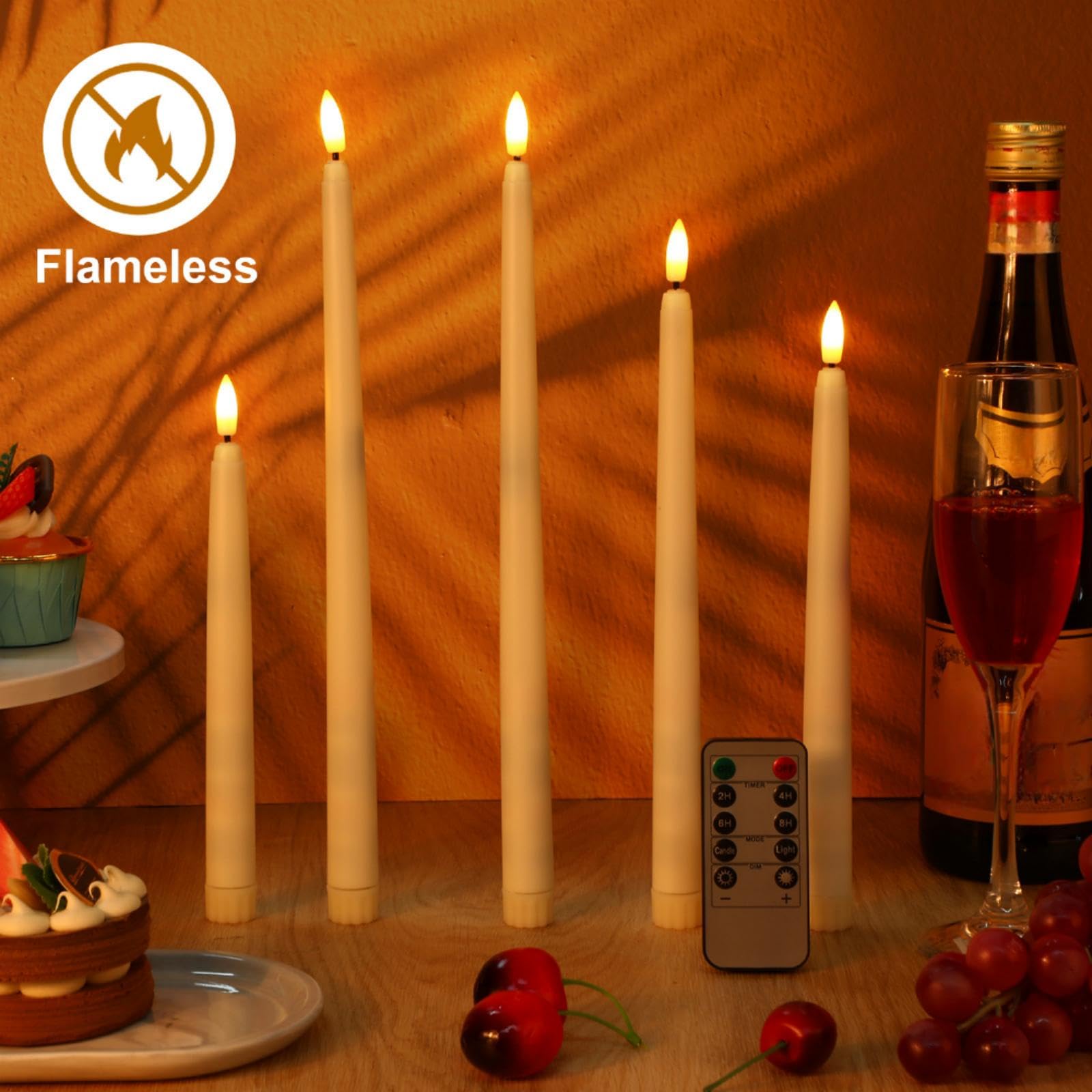 Rossesay 16 velas cónicas sin llama con temporizador remoto, 4 tamaños (8.5, 9.6, 10.8, 12.8 pulgadas), LED, Marfil