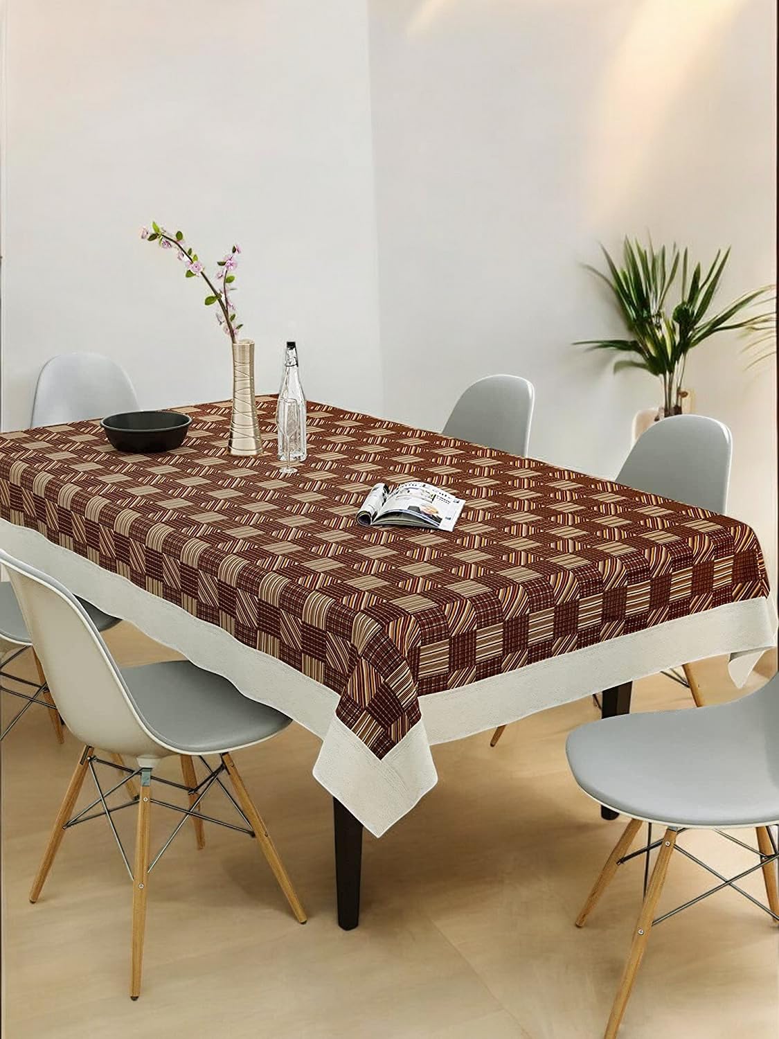 CASA-NEST 2-4 Seater PVC Table Cover; Beige & Brown Squares; Anti Slip; 40×60 Inches; 4 Seater Center Table Cover printed001