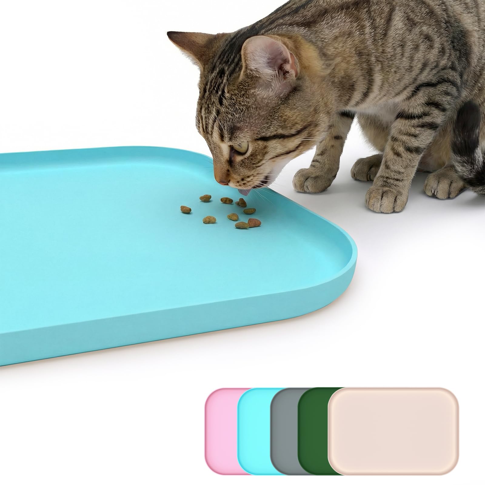 BLESWIN Non-Slip Silicone Dog Food Mat & Pet Feeding Mat - Waterproof Dog Bowl Mat for Messy Eaters, Easy Clean Floor Protector with Raised Edge（Blue，45 * 30cm）