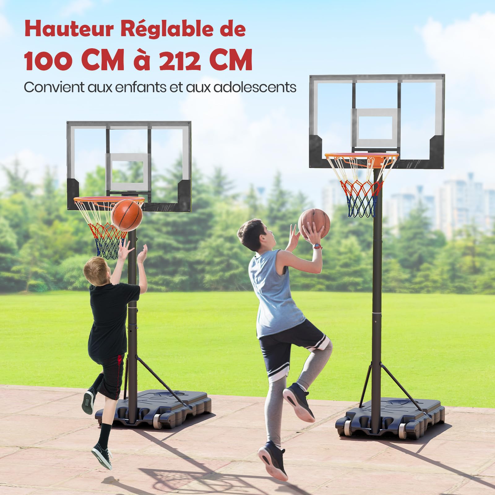 GYMAX Panier Basket Extérieur pour Enfants 3 Ans+, Hauteur 100 à 212 cm, Mobile avec 2 Roues, Base Stable Remplissable, Espace pour Rangement de Ball, Installation et Réglage Facile