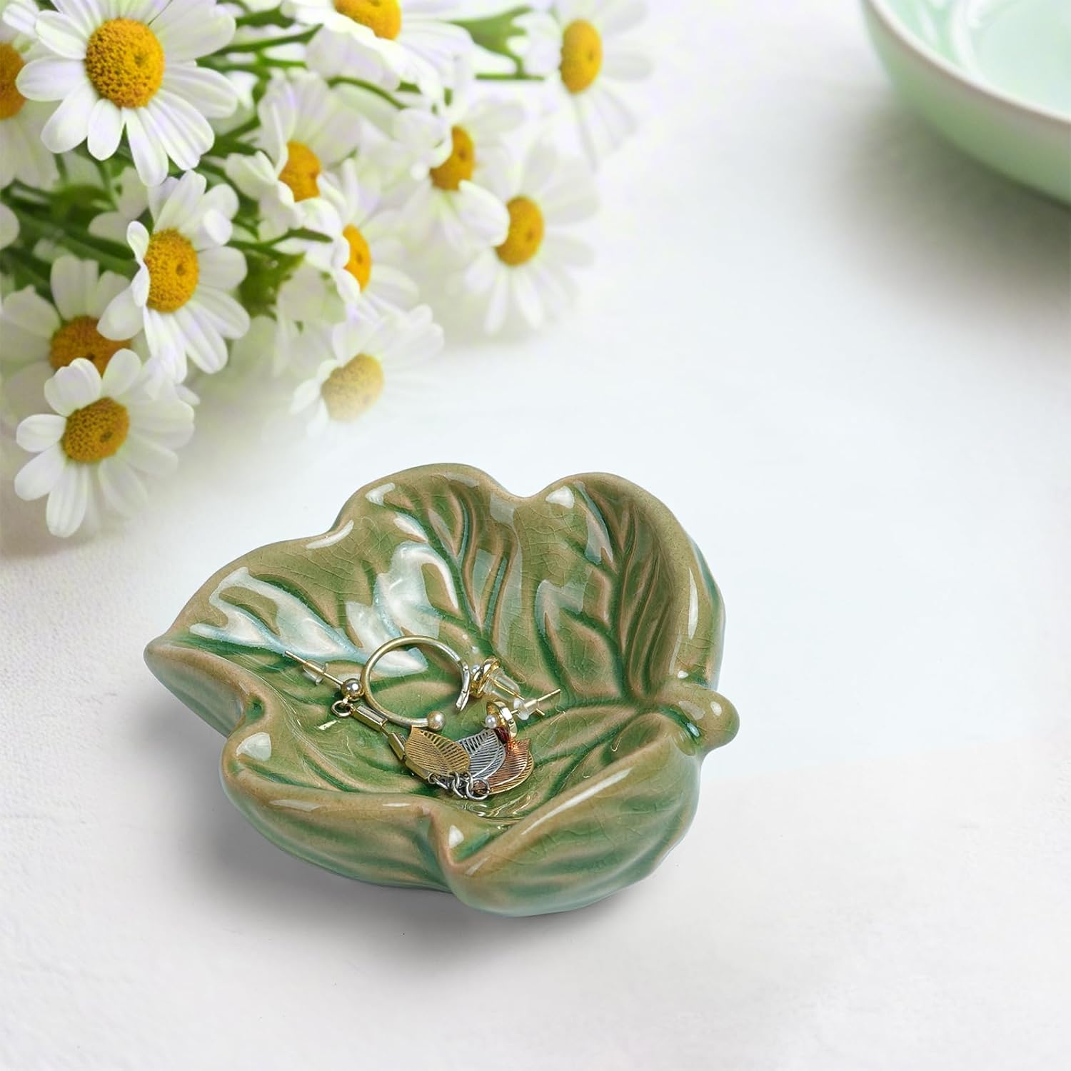 Jewelry Tray, Ceramic Leaves Jewelry Dish, Ring Holder Dish, Small Trinket Tray, Washable Key Bowl(Green) - Image 7