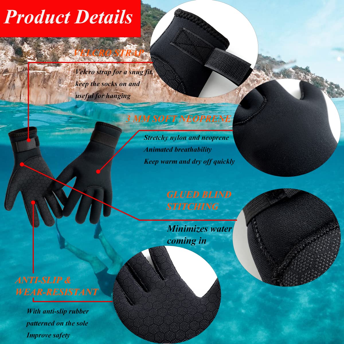Guanti per muta stagna Guanti per immersione in neoprene da 3 mm Guanti termici antiscivolo per donne bambini Snorkeling Kayak Nuoto Surf Pesca