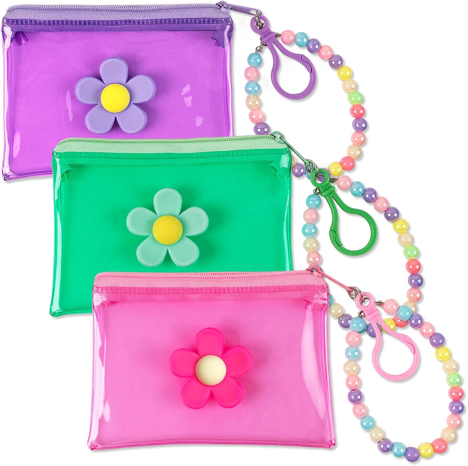 3PCS Cute Small Coin Purse Mini Coin Wallet Clear Credit Card Holder, Durable Change Organizer with Flower Pattern for Cards, Storing Keys, Money (3 Colors)