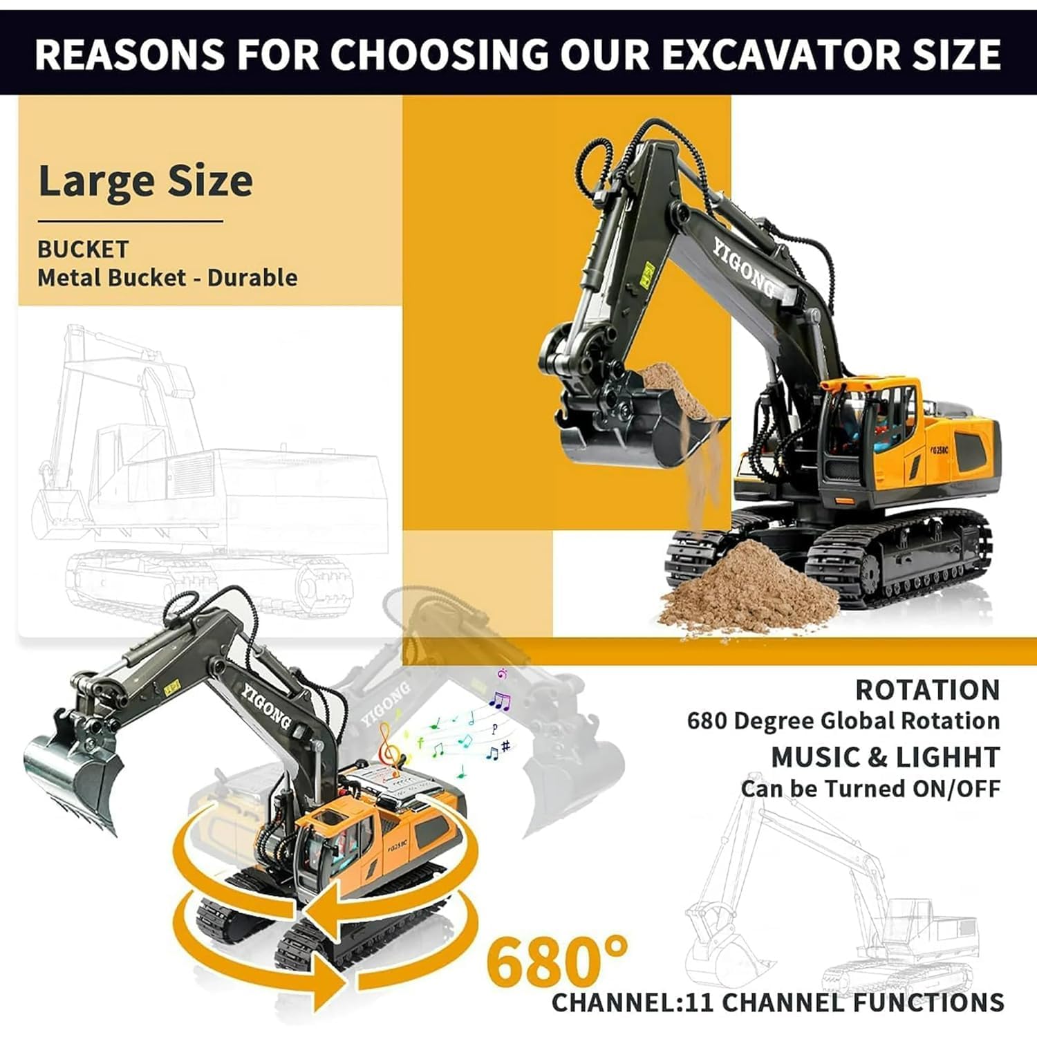 RABRA 2.4Ghz New Radio Control J-C-B Excavator Toy for 6-12 Yr Boys, Best Birthday Gifts for Kids 7 8 9 10 11 Year Old, Rc Construction Toys with Metal Shovel, Lights, Sounds, Multi Color 3