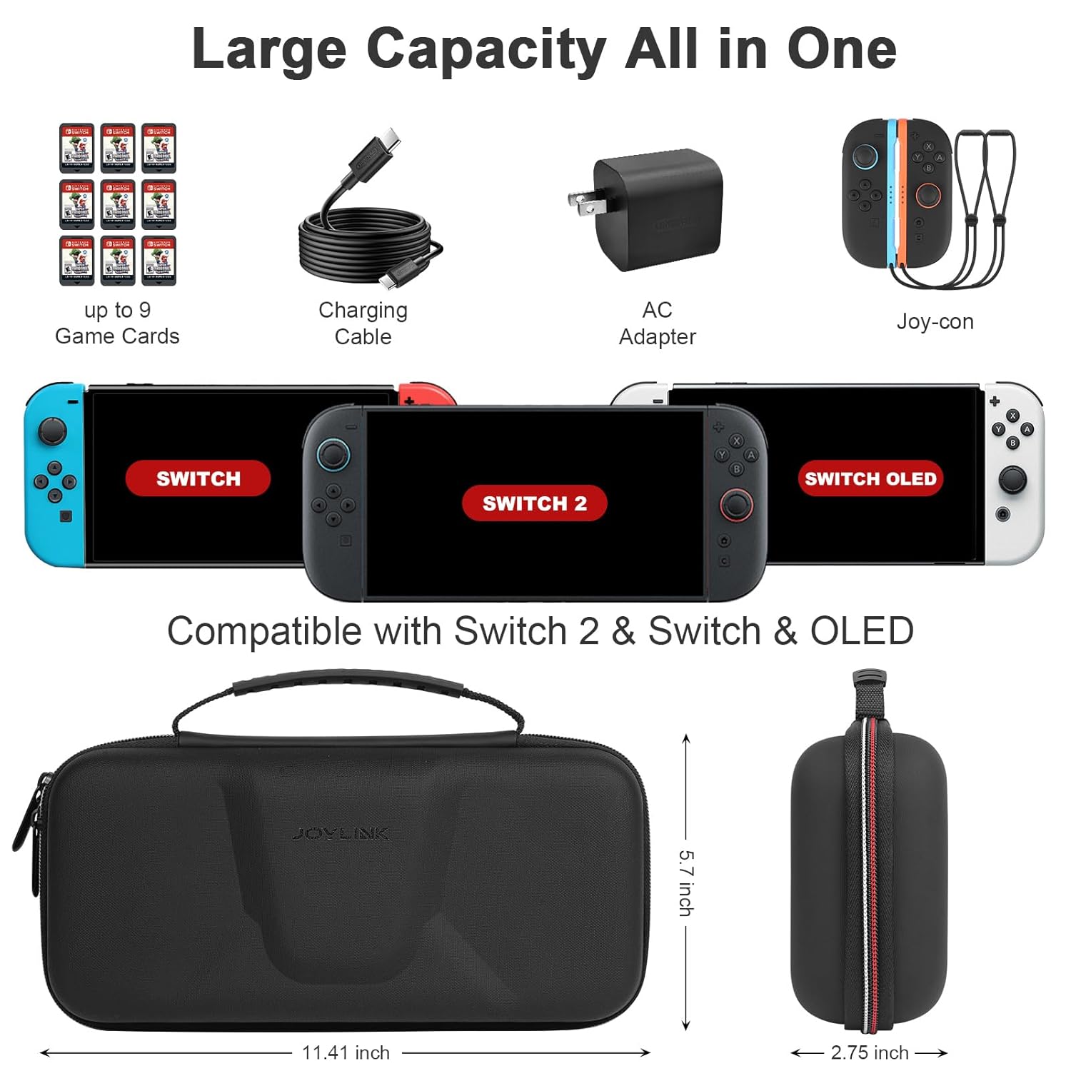 JOYLINK Large Capacity Carrying Case for Nintendo Switch 2, Anti-Drift Hard Shell Travel Case Fit Charger, with 9 Game Card Slots & Mesh Pocket - Shockproof Portable Storage Bag