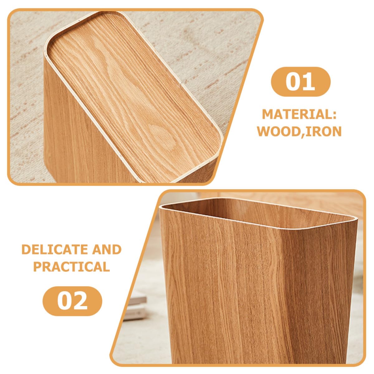 Poubelle Compacte en Bois Naturel Bac à Ordures Portable et Stable Cuisine, Salon et Bureau, Corbeille à Papier Étroite pour Chambre