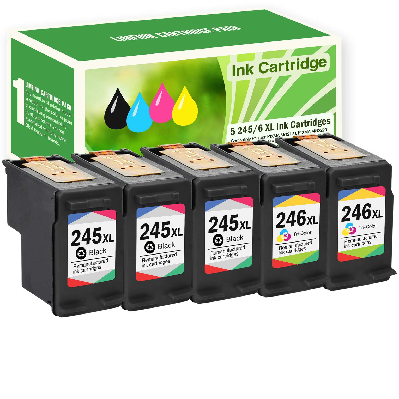 Limeink5 Pack Remanufactured PG-245XL CL-246XL High Yield Ink Cartridges (3 Black, 2 Color) for Pixma iP2820 MG2420 MG2520 MG2920 MG2922 MG2924 MX492 Shows Accurate Ink Level