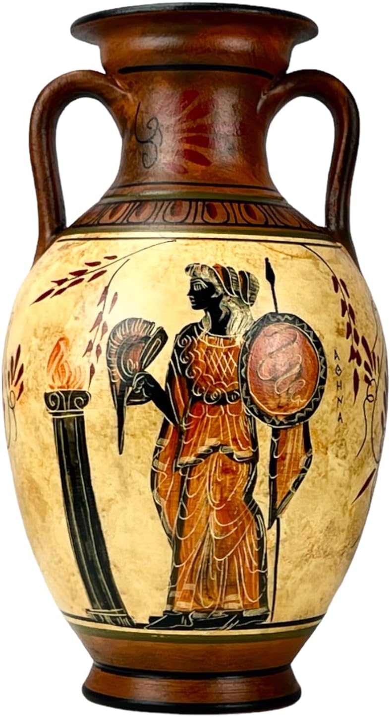 Ancient Greek Vase Amphora Goddess Athena & Aphrodite & God Dionysus 10.24'' Handmade Ceramic Red & Orange Round Vase