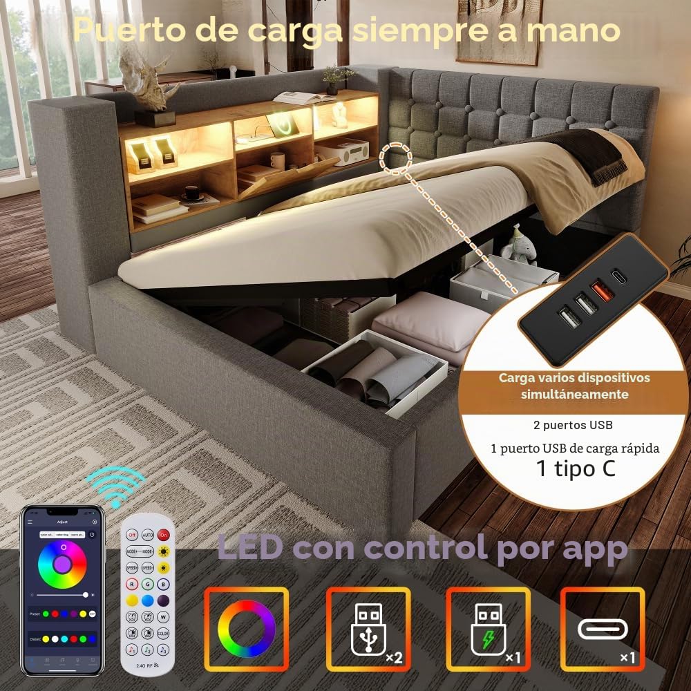 Cama tapizada de 140 x 200 cm con iluminación LED, canapé, estructura de cama, tela de lino, gris (colchón no incluido).