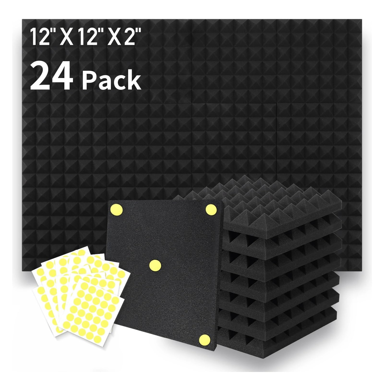 Paneles Acusticos 24 paquetes de paneles de espuma acústica piramidales de 5 x 30 x 30 cm, espuma insonorizante con cancelación de ruido y 120 adhesivos de doble cara.