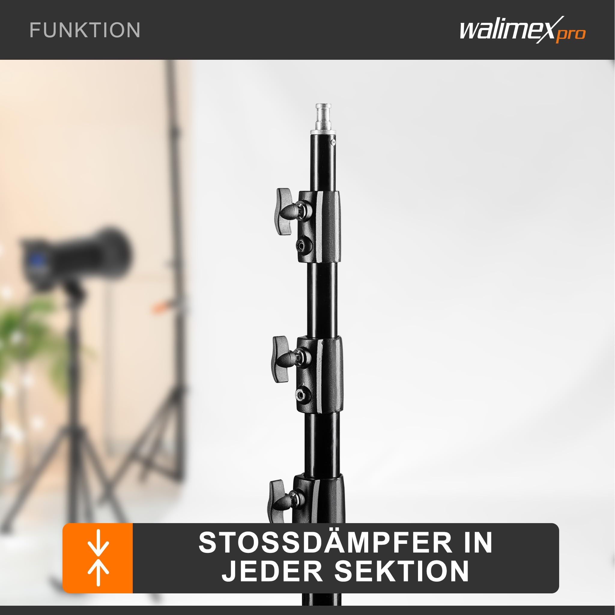 Walimex pro WT-420 Lampenstativ 420 cm, höhenverstellbares Lichtstativ belastbar bis 7,5 kg, Blitzstativ mit 5/8 Zoll Spigot, Studiostativ mit Federdämpfung