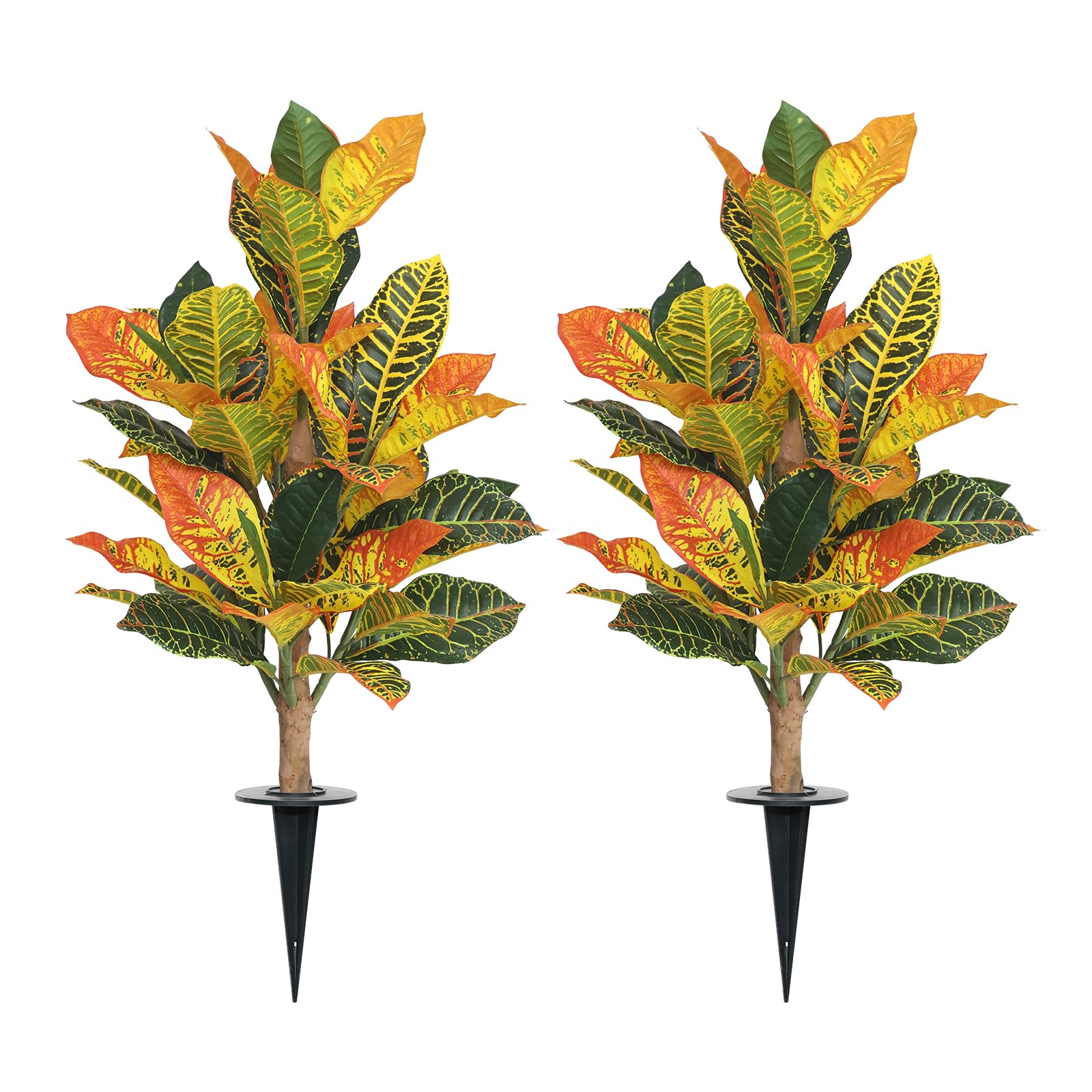 View 1 of ***MISSING STAKES*** UV-Resistance 35inch Artificial Croton Plant, 2 Pack Fake Croton with Ground Spike, Faux Fiddle Leaf Fig Tree for Outdoor Home Decor