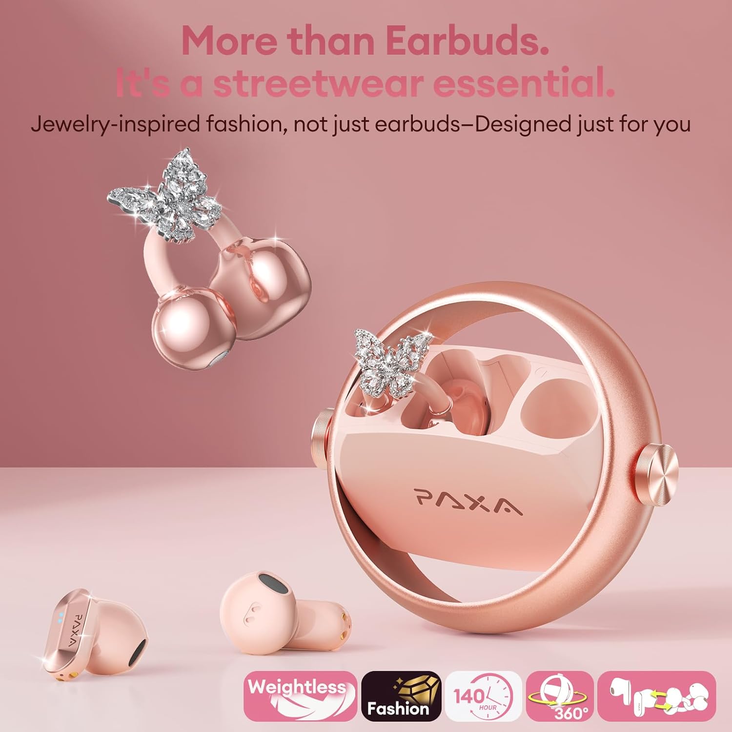 PAXA 3 in 1 Ctbuds Stylish Jewelry-Style Clip on Open Ear Headphones Wireless Earbuds, Instant Earring Mode, Ultra-Long 140H Play, Bluetooth 6.0, All-Day Wear for Work Fitness Daily Use, Rose Gold
