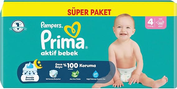 Prima Bebek Bezi Aktif Bebek Süper Paket 4 Beden 52 Adet