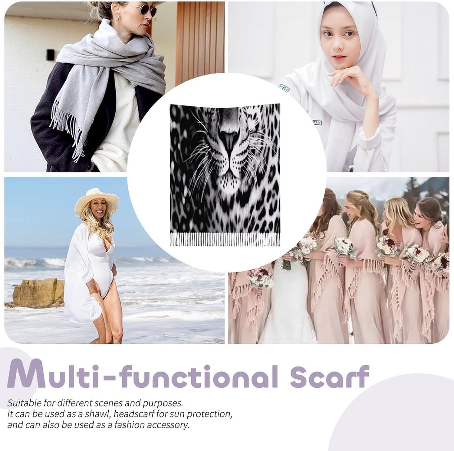 Black And White Leopard Face Scarf for Women Men Classic Fashion Blanket Scarves Soft Cashmere Feel Scarf Cold Weather Warm Long Shawl Winter Large Scarves Classic Blanket Scarfs Thick